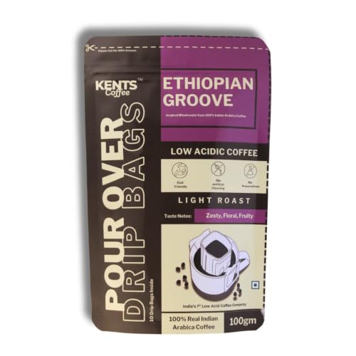 Image of Kents Coffee Ethiopian Groove POUR OVER DRIP BAGS | Zesty, Floral And Fruity Taste Notes | Non-Bitter, Low Acidity, Gut-Friendly Black Coffee (Pack Of 10, 10Gm Each)