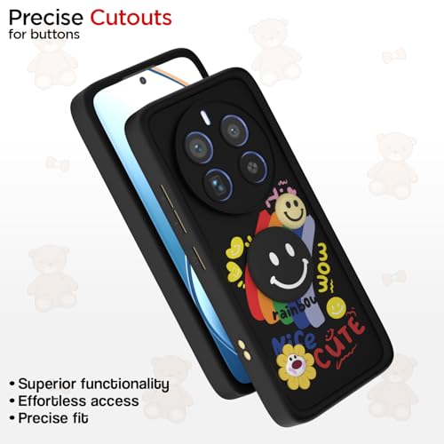 Image of Pikkme Back Cover for Realme 12 Pro 5G / Realme 12 Pro Plus 5G | Soft Silicone| Cute Rainbow Smile & 3D Cartoon Flower Design | Shockproof Raised Camera Protection Bumper Case (Black)