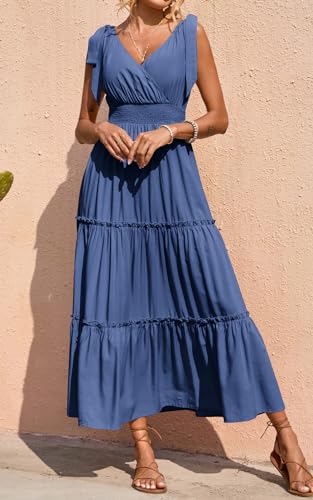 Image of PRETTYGARDEN Women's Cross Neck Summer Sleeveless Tiered Maxi Dress Beach Tie Strap Smocked Long Dresses Pleated Sundress