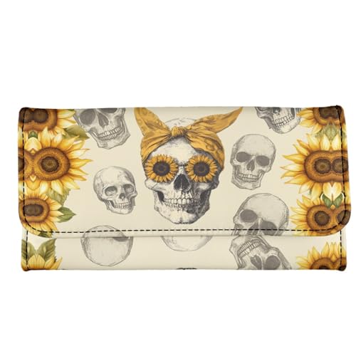 Image of AFPANQZ Skull with Sunflower Trifold Long Clutch Wallets for Girls Womens Large Capacity Purse Portable Handbag Purses for Travel Party Shopping Outdoor Card Holder