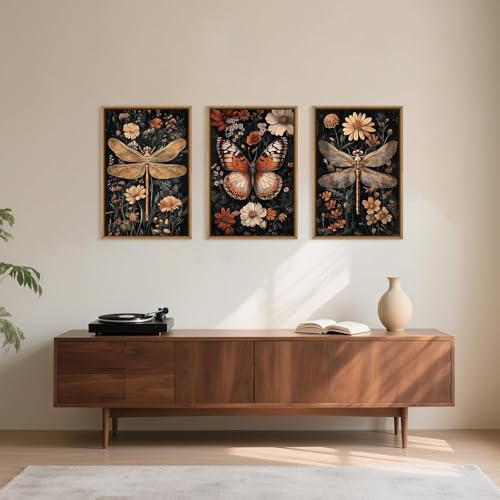 Grande toile murale vintage haut de gamme triptyque insectes et fleurs