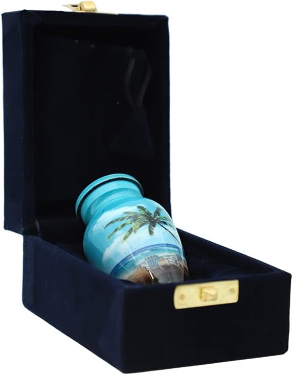 HLC Blue Beach Mini Keepsake Urn - 4" H x 2.4" W x 3" L, Includes Velvet Box Bag