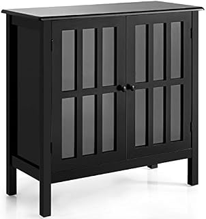 COSTWAY Wooden Storage Cabinet, Floor Standing Accent Cupboard with Tempered Glass Doors, Multipurpose Buffet Sideboard Display Side Cabinet for Living Room, Dining Room and Hallway (Black)