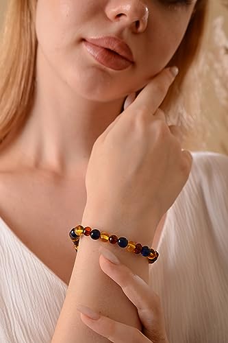 Exceptional Colors of Amber Bracelet for Woman Red, Blue and Green - amber stone jewelry, 100% Genuine, HandMade from Caribbean Baroque Beads - 7" / 18cm (Multi)3