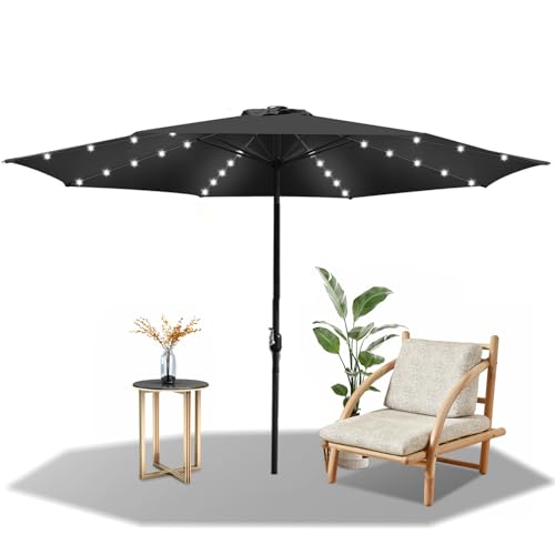 Fiqops Sonnenschirm LED Solar Ø 270 cm Grau mit Kurbel | Ampelschirm Gartenschirm Sonnenschutz 30° knickbar UV Schutz 50+, Kurbelschirm Marktschirm wasserdicht für Garten, ohne Ständer