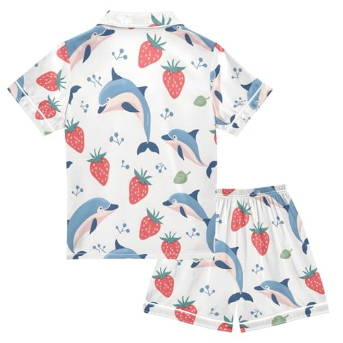 ALAZA Cute Dolphin Strawberry Pajamas Satin Pajama Set Short Sleeve Button Down Sleepwear2