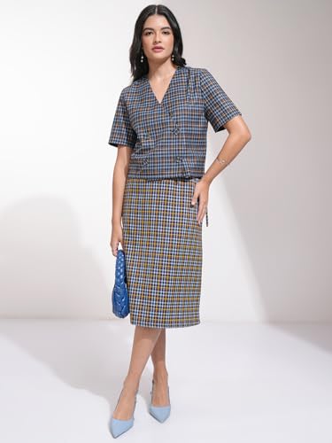 Image of Tokyo Talkies Womens Blue /Mustard Crop Double Breasted Blazer