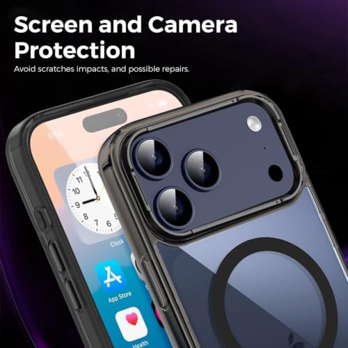 Image of Elzzi Translucent Clear Back Cover Compatible with iPhone 17 Pro, PC Shockproof Scratch Resistant, Non-Yellowing, Support Mag-Safe Wireless Magnetic Charging Case - Black
