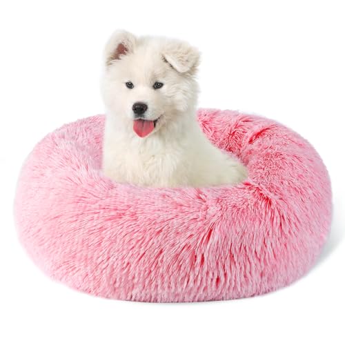 COMSLE Panier Chien Panier Chat Rond, Coussin Chat Chien en Peluche, Coussin Anti Stress Dehoussable et Lavable, Rose Dégradé, 40CM