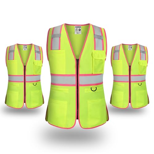 Image of FATONE Women's ANSI Class 2 High-Vis Safety Vest with Reflective Strips, Zipper Pockets & Adjustable Waist - Yellow /Pink Construction Work Vest for Warehouse Personnel, Road Crews, M, 3PCS