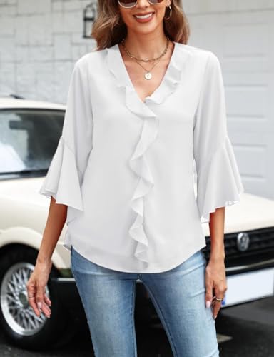 CiCiBird Women’s Ruffle V Neck Blouses 3/4 Sleeve Flowy Chiffon Tops Dressy Casual Shirts for Work3