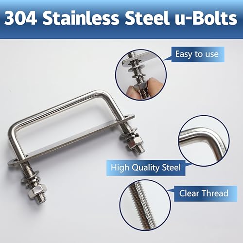 Image of 8 Pcs M10 Square U Bolts 4 Inch Wide, 3 /8 inch x 4 inchW x 3 inch L | 304 Stainless U Bolt Heavy Duty with Nuts,Bolt Plate and Washers,4 inch u bolt,Metric bolts