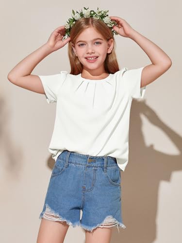 Image of Girls Shirts Summer Short Sleeve Cute Tops Chiffon Pleated Blouses 5-14 Years