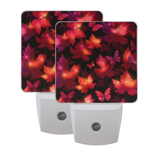 Luz nocturna roja con hojas y mariposas