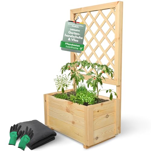 holz4home® Pflanzkasten mit Rankgitter S aus Kiefernholz I 34x58x104 cm I inkl. Gartenhandschuhe & Vlies I Pflanzkübel mit Spalier I Hochbeet für Balkon als Sichtschutz I Blumenkasten holz4home® Pflanzkasten mit Rankgitter S aus Kiefernholz I 34x58x104 cm I inkl. Gartenhandschuhe & Vlies I Pflanzkübel mit Spalier I Hochbeet für Balkon als Sichtschutz I Blumenkasten