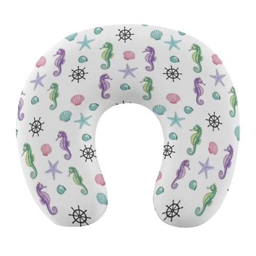 Image of Comfortable Memory Foam Travel Neck Pillow Sea Horse Seashell Anchor, Washable Removable Cover, Chin Head Support for Airplane Car Office Pain Relief Sleeping