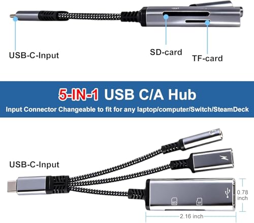 Image of 4-in-1 USB C to 3.5mm Headphone Audio Adapter with 60W PD Fast Charging, USB OTG Dongle & TF /SD Card Reader, Hi-Res DAC Splitter Compatible with 1Phone15 /16, 1PadPro, Mac Book, Gal.axy S23 (3 in 1)