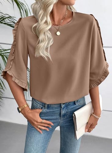 EVALESS Length Sleeve Womens Tops Dressy Casual Blouses Crewneck Ruffle Sleeve Shirts Summer Outfits Business Work Tops - image 2