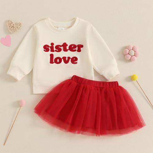 Image of Thorn Tree Valentines Skirts Set Toddler Girl Spring Winter Outfits Heart Sweatshirt Mesh Skirts Cute Baby Girl Set