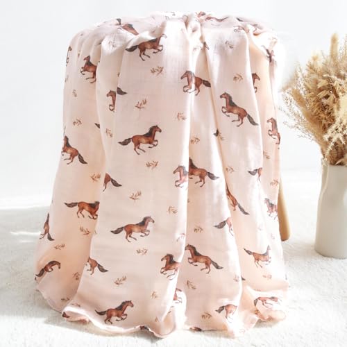 Image of LifeTree Baby Swaddle Blankets, Muslin Swaddle Blankets Boys Girls Swaddling Wrap Receiving Blanket for Newborn, 70% Viscose Bamboo and 30% Cotton, Large 47 inch x 47 inch, Horse Pattern
