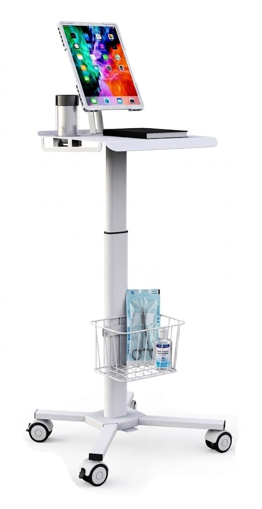Photo 1 of Mount Plus C01 Height Adjustable Mobile Medical Tablet Cart with Wheels and Tablet Enclosure Basket Storage | Medical Trolley for Hospital Clinic Beauty Salon | Pneumatic Mobile iPad Workstation