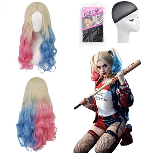 Peruca de Quinn para mulher: Adulto disfarce de cosplay peruca, fibra sintética loira com tranças azul e rosa para disfarce de vilã carnaval Halloween cosplay festas