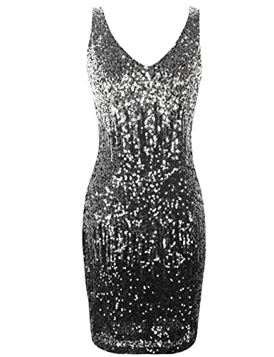 Image of PrettyGuide Women's Sequin Cocktail Dress V Neck Bodycon Glitter Party Dress