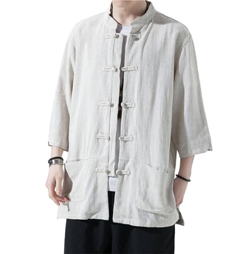 Men Chinese Tang Suit Men Retro Linen Blend Shirt Kung Fu Tai Chi Half Sleeve Jacket Hanfu Top