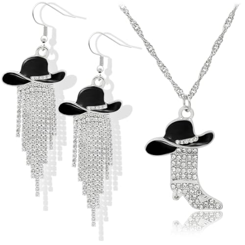2pcs Western Earrings Necklace Jewelry Set,Sparkly Rhinestone Tassels Cowgirl Earrings+Crystal Boots with Enamel Cowboy Hat Pendant Necklac for Women,Wild West Country Rustic Style
