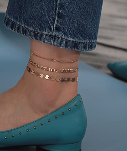 Wfyou Gold Ankle Bracelets For Women Dainty 14K Gold Plated Anklets For Women Waterproof Layered Adjustable Figaro Chain Women's Anklets 3Pcs Gold Anklets Set Summer Beach Foot Anklet Jewelry Gift For Women Girls #TOP2