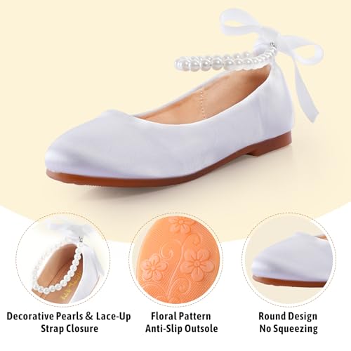 Toddler Girls Dress Shoes Flower Girls Kids Mary Jane Ballet Flats Wedding Party Communion Princess Shoes(White Silk,Little Kid 13)4