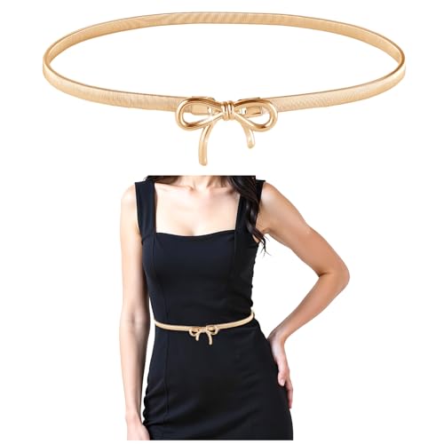 Skinny Metal Waist Belt for Women, Stretchy Belt Elastic Waistband Adjustable Chain Belt with Bowknot for Dress