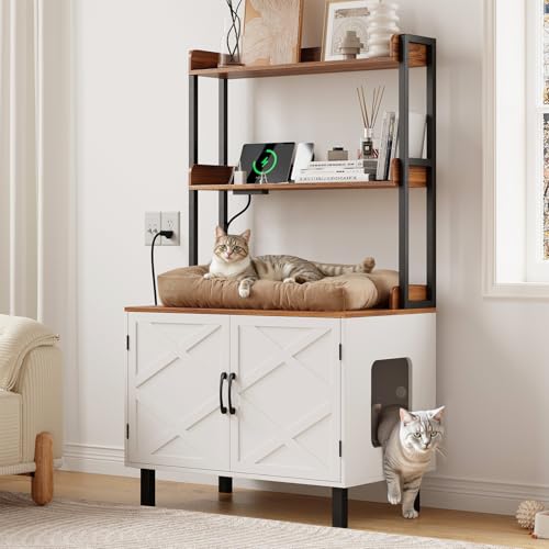 ONBRILL 55 Inches Cat Litter Box Enclosure, Hidden Litter Box Furniture with 2 Storage Shelves and...