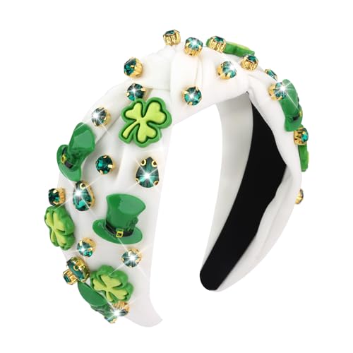 CIEHER St. Patrick's Day Headband for Women Girls, Green Shamrock Headband, Embellished Crystal Rhinestone Knotted Hairband, Irish Holiday Hair Accessories Gifts (White Fabric)