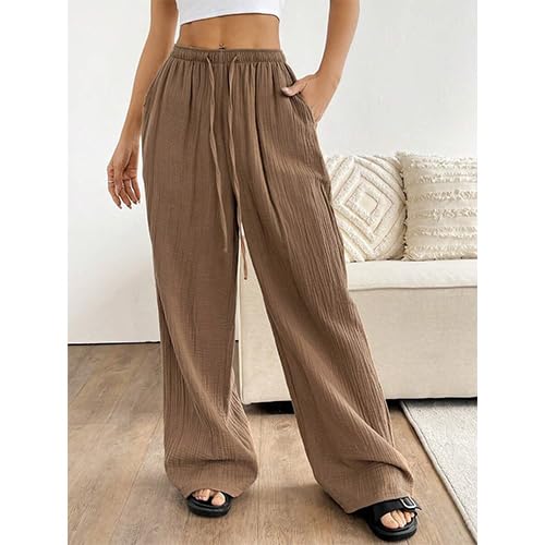 Women High Waisted Crinkle Straight Wide Leg Loose Casual Long Pants 6