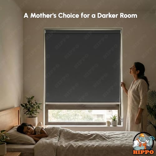 Image of HIPPO No Drill Blackout Blinds for Windows | No Tools, Light & Heat Blocking Blinds, UV Protection, Smooth Chain, Inside Mount, Ideal for Sun Exposed Areas (Dark-Grey, 3FTX5FT)