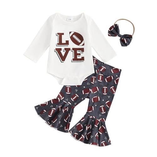 BULINGNA Infant Baby Girl Football Season Outfit Set Love Bodysuit Romper Football Flared Pants with Headband Fall Clothes