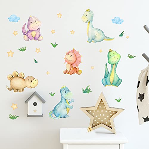 fanquare Colorful Cartoon Dinosaur Wall Decal Watercolor Wall Stickers Decoration with Stars, Grass, Clouds