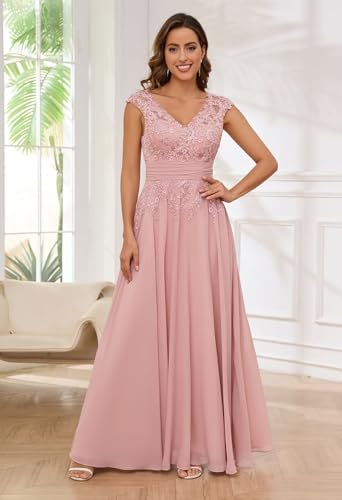 Women's Lace Applique Mother of The Bride Dresses for Wedding V-Neck Long Formal Evening Gowns3