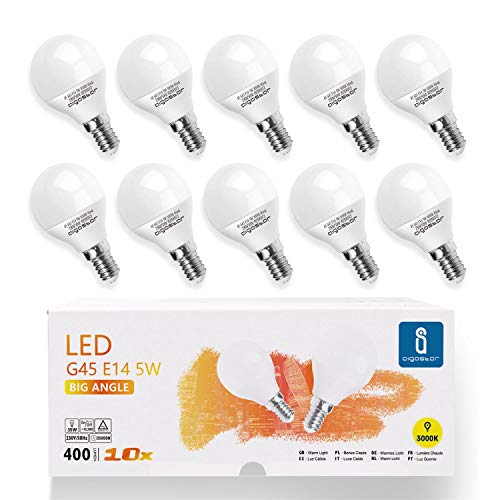 Aigostar -10 x 5W Bombilla LED G45, casquillo fino E14, Bajo consumo, 400 lm, Luz cálida 3000K, Ahorro de energía, CRI> 80, ángulo de apertura 230º, no regulable - Caja de 10 unidades
