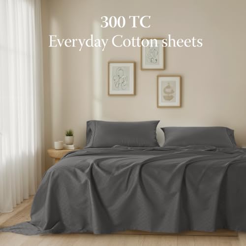 Image of Threadmill 300TC Cotton Queen Sheet Set, Sateen, Jacquard, Dark Grey | 100% Cotton, Sateen Weave, Jacquard Pattern, 4-Piece Set, 16 inch Deep Pocket, Cooling, OEKO-TEX Certified, Machine Washable