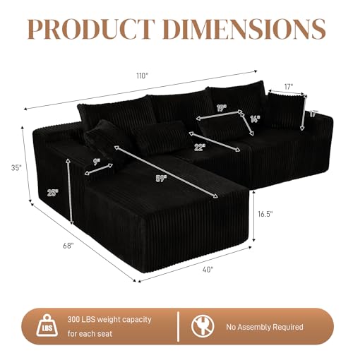 Image of 110 inch L Shaped Cloud Boneless Sectional Couches for Living Room, Modern Comfy Modular Deep Seat Memory Foam Compressed Corduroy Sofa Oversized Left Facing Chaise, No Assembly Required, Balck