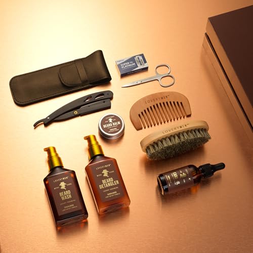 Beard Care Kit for Men, Fathers Gifts for Dad Sandalwood Mens Grooming Kit with Straight Edge Razor, Beard Oil, Balm, Wash, Detangler, Brush, 11pc Birthday Gift for Him, Boyfriend, Gifts for Men - Image 5
