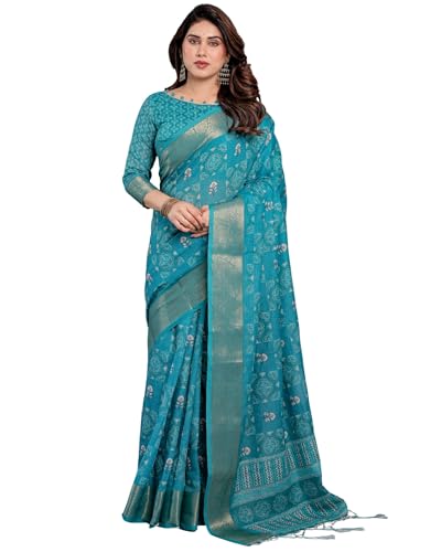 Image of ALMAARI FASHION Handloom Cotton Linen Saree for Women with Floral Printed Design and Tassel Pallu, Traditional Ethnic Lightweight Saree for Daily Office Festive with Blouse Piece