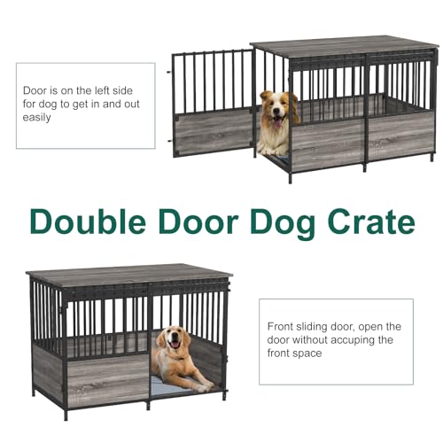 HXBOAUVS 40 Inch Dog Crate Furniture with Cushion for Large Medium Dogs, Heavy Duty Dog Kennel with Double Doors, Decorative Indoor Pet Cage Side End Table with Sliding Door, Chew-Resistant, Grey