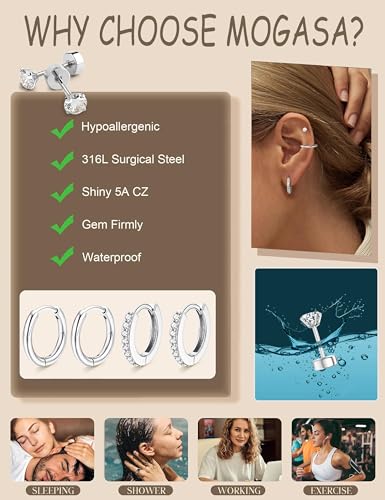 MOGASA 12 Paires Boucles d'Oreilles Femme Acier Inoxydable Ensemble Créoles Clous D'oreilles Hypoallergénique Piercing Oreille Helix Cartilage Boucle d Oreille Acier Inoxydable pour Femme Homme Bijoux – vue 5