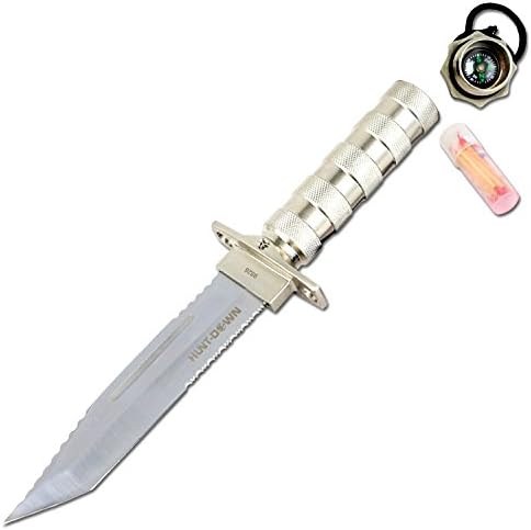 HUNT-DOWN 12" Chrome Color Fixed Blade Survival Knife - Survival Kit & Compass