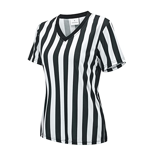 Women's Official Referee Shirt Black & White Stripe Ref Umpire Jersey Short Sleeve For Basketball Football Hockey V-Neck L #TOP1