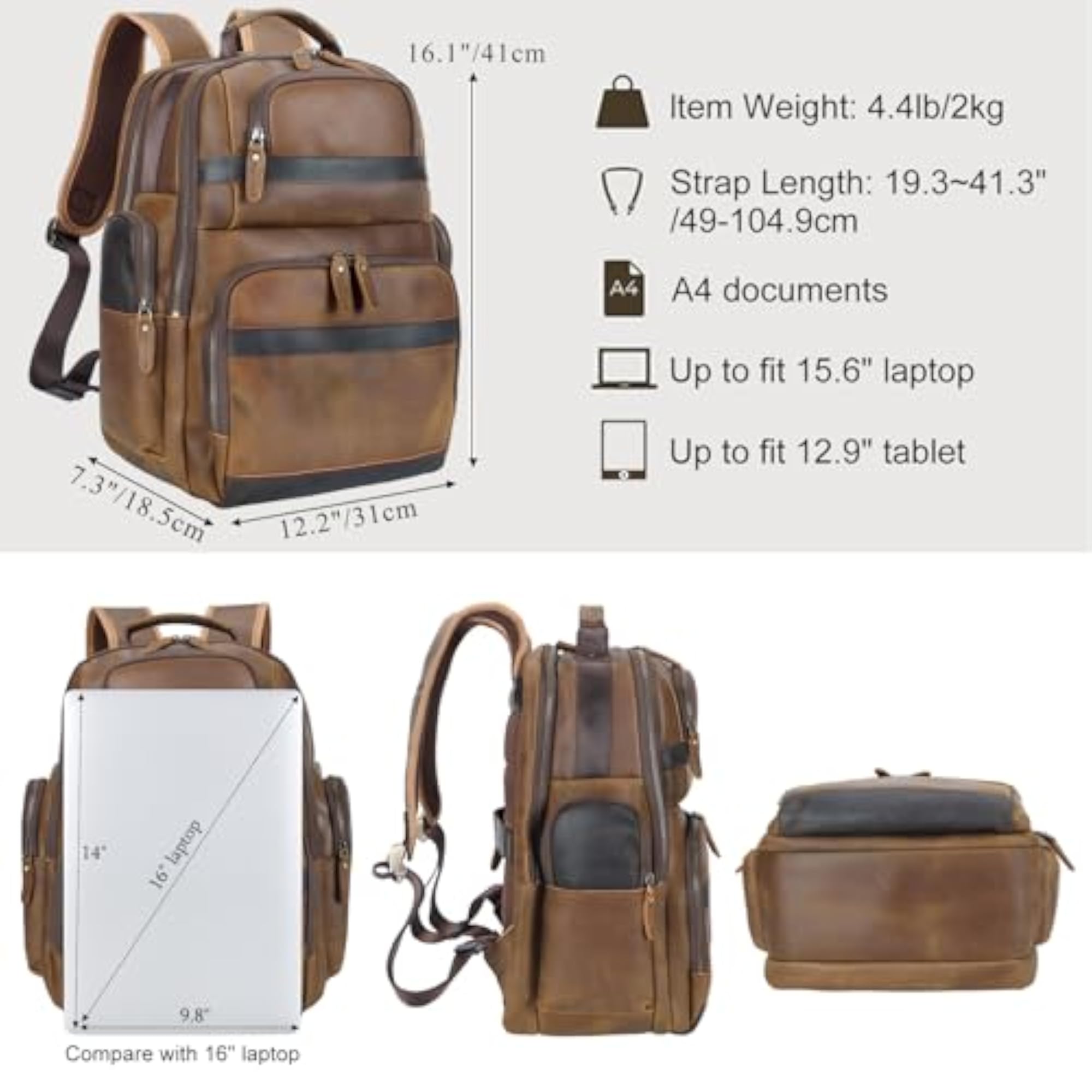 Men's Leather Backpack for 14 & 15.6 Inch Laptops