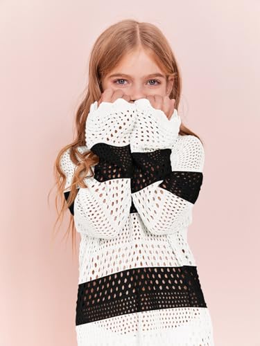 Image of Batermoon Girls Crochet Long Sleeve Swimsuit Cover Up Kids Fashion Hollow Out Swimwear Beach Dress 5-14 Years
